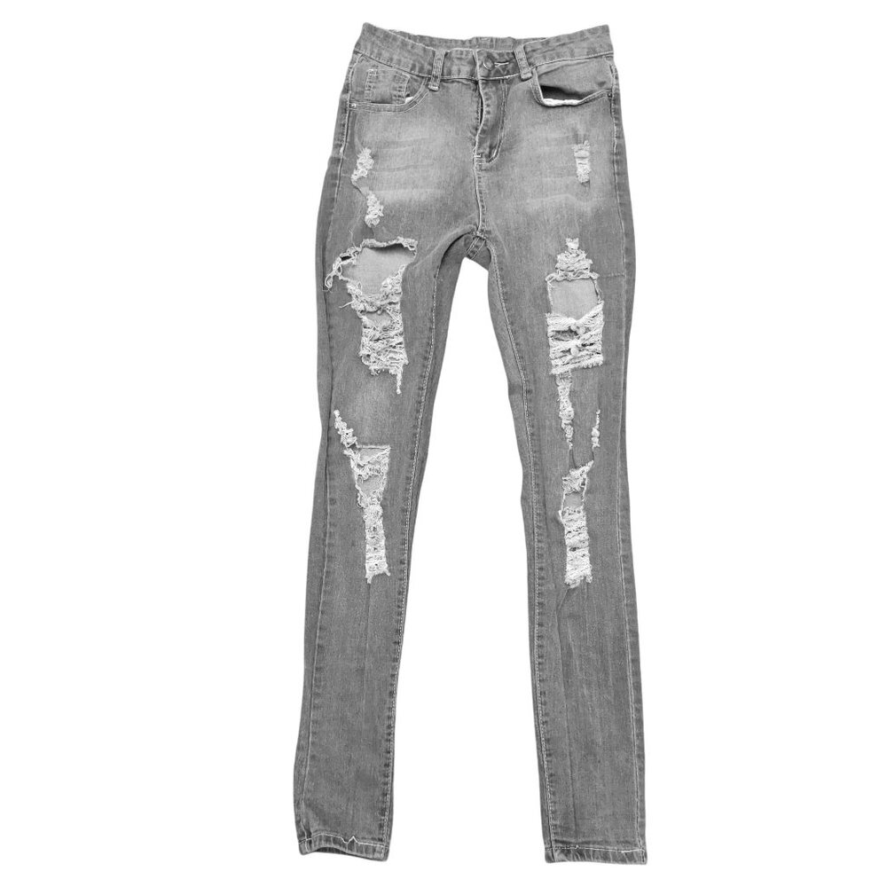 Womens Jeans Skinny Fit High Rise Distressed Grunge Indie Urban Denim Gray Sz S